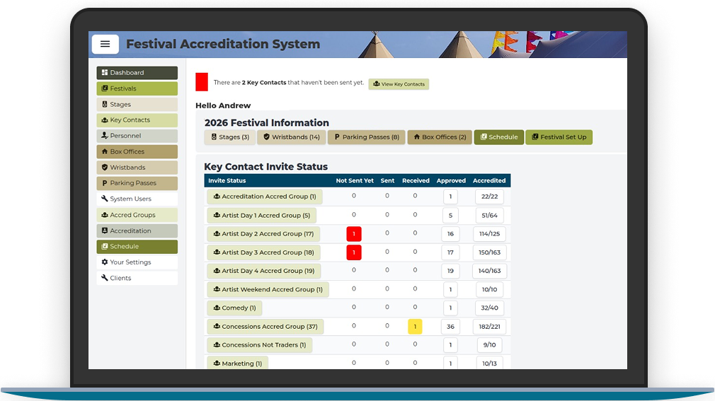 Festival Event Accreditation Software Dashboard